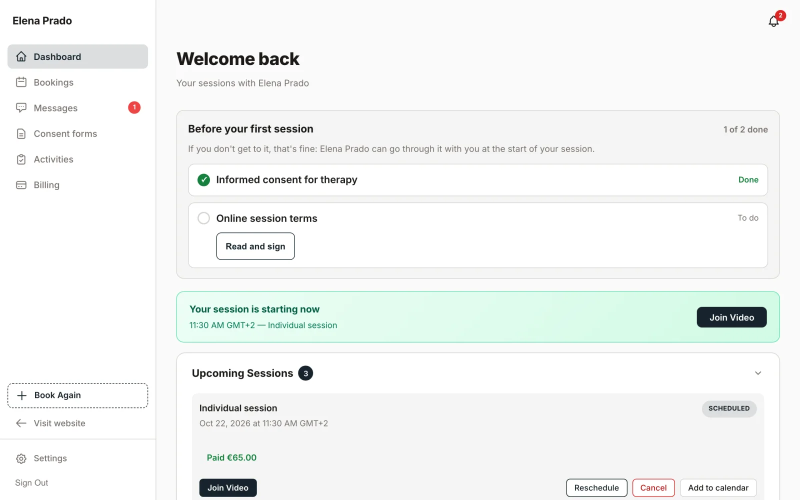 The client portal: consent forms to sign before the first session and a session starting now