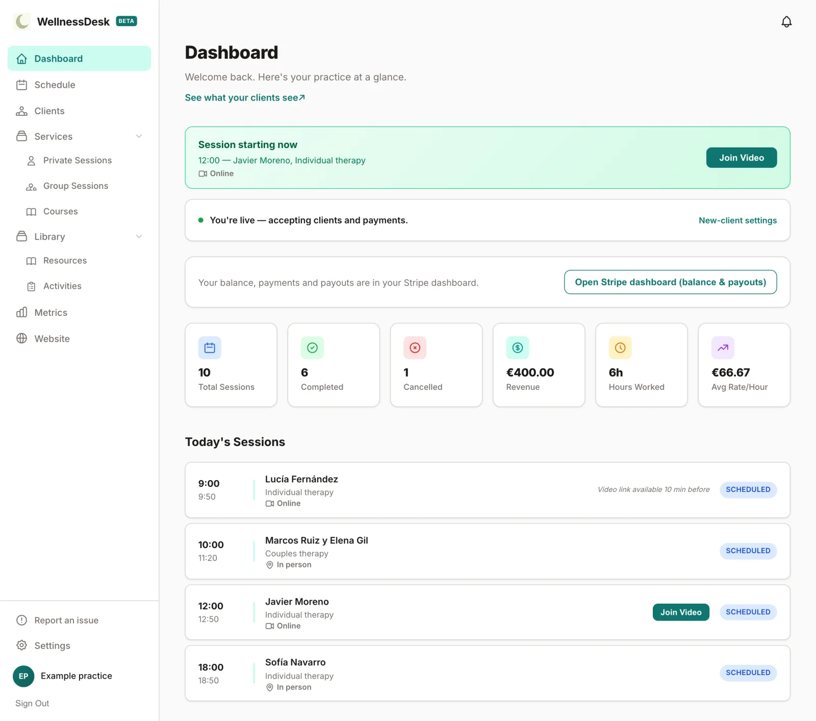 The whole provider dashboard with its menu open: an online session starting now with its Join Video button, session, revenue and hours totals, and today’s sessions